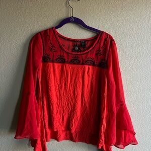 Women’s BKE Red Embroidered Bell Sleeve Top